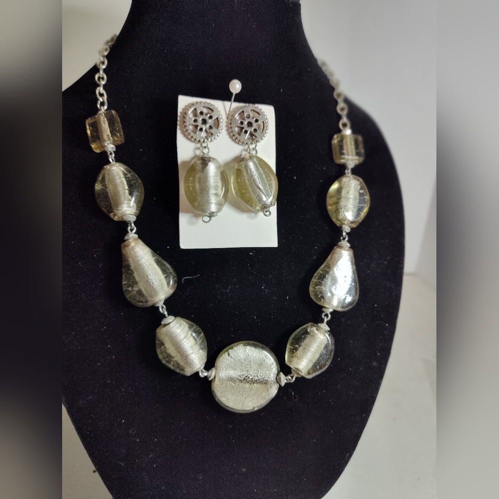 Elegant Steampunk Gears Silver Stone Necklace Earring Jewelry Set